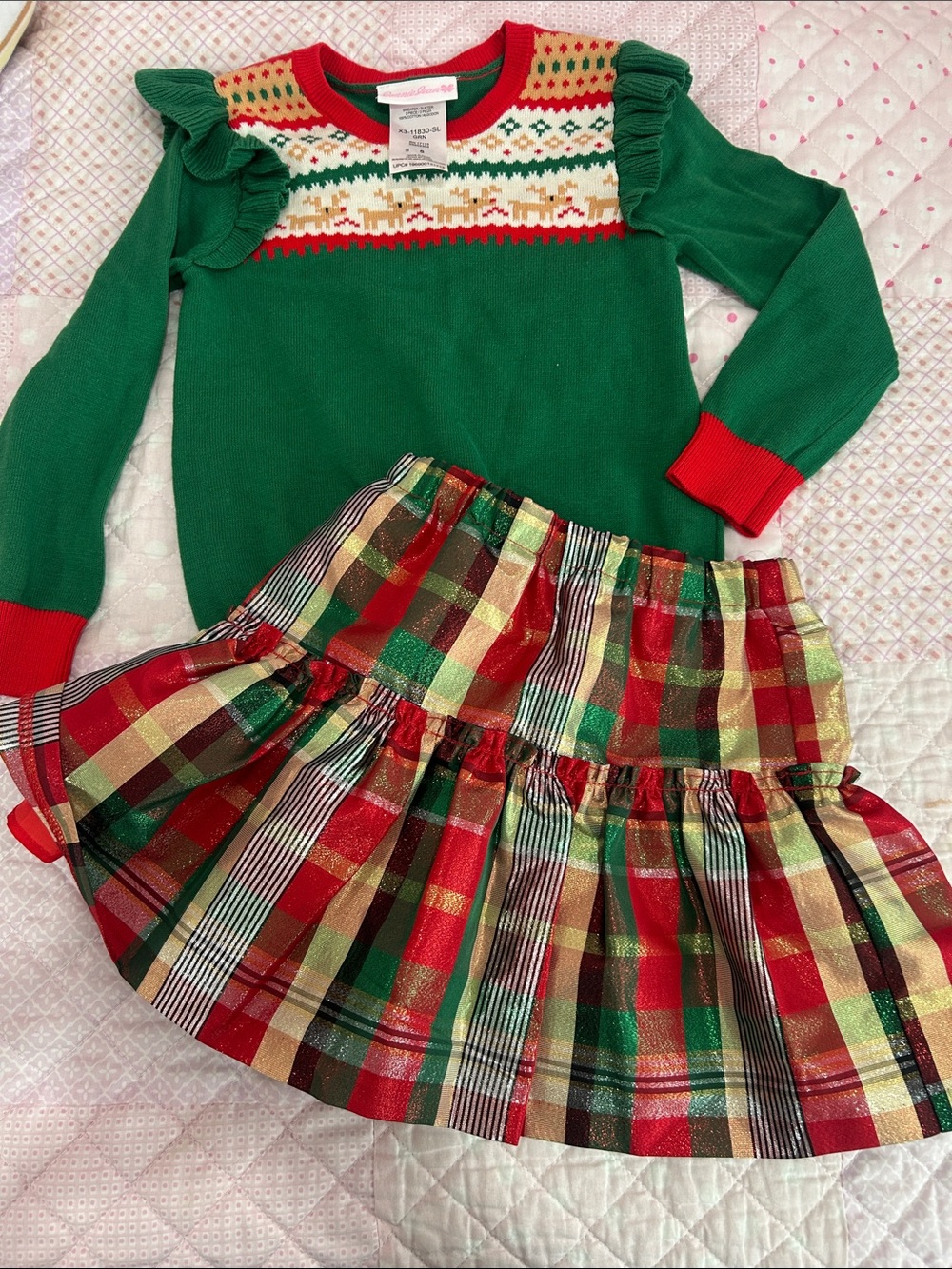 NWOT BONNIE JEAN CHRISTMAS SET Holiday Knit Top and Festive Plaid Skirt size 5